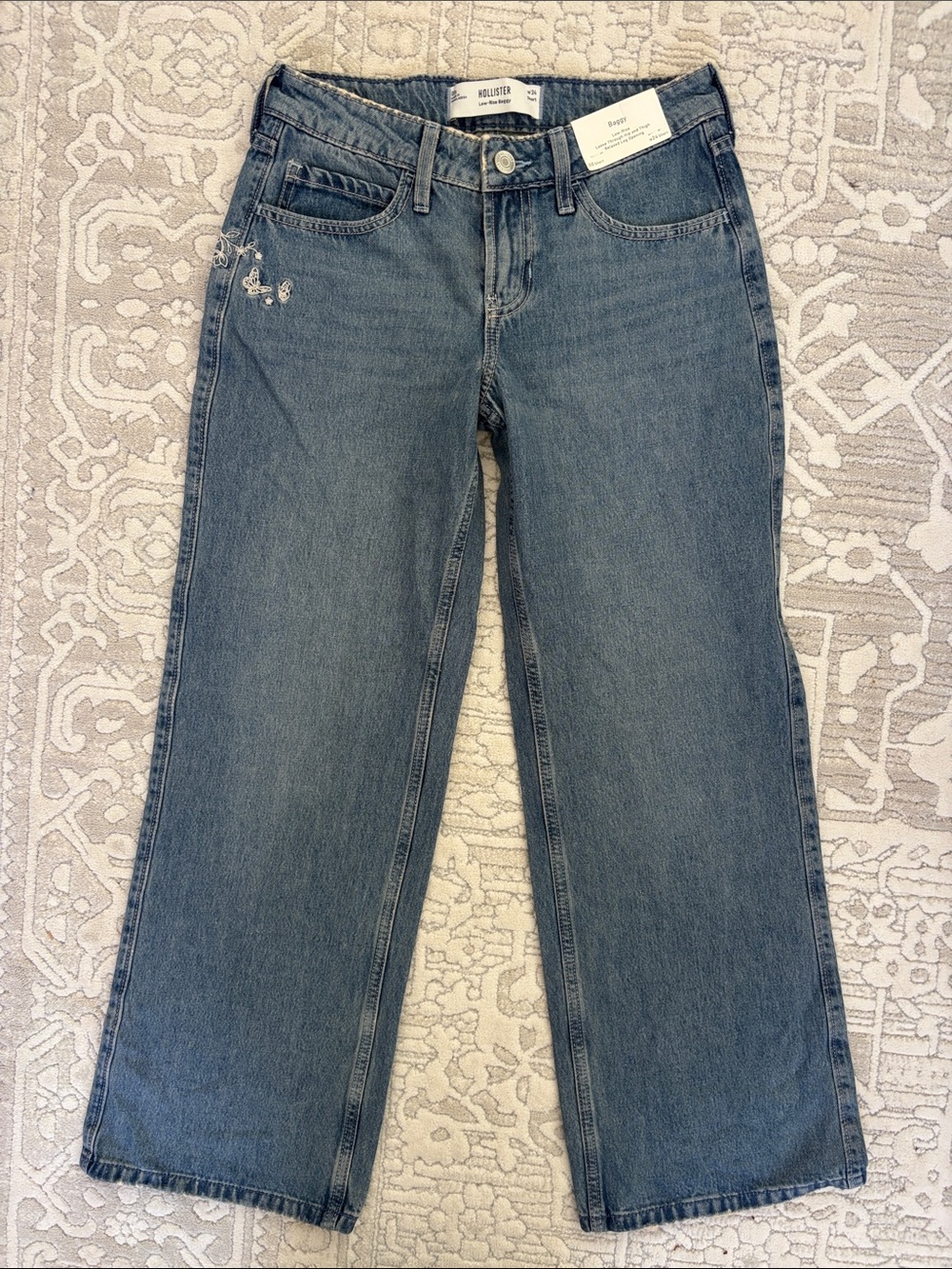 Hollister Wide Leg Jeans in Medium Blue Denim with Embroidery